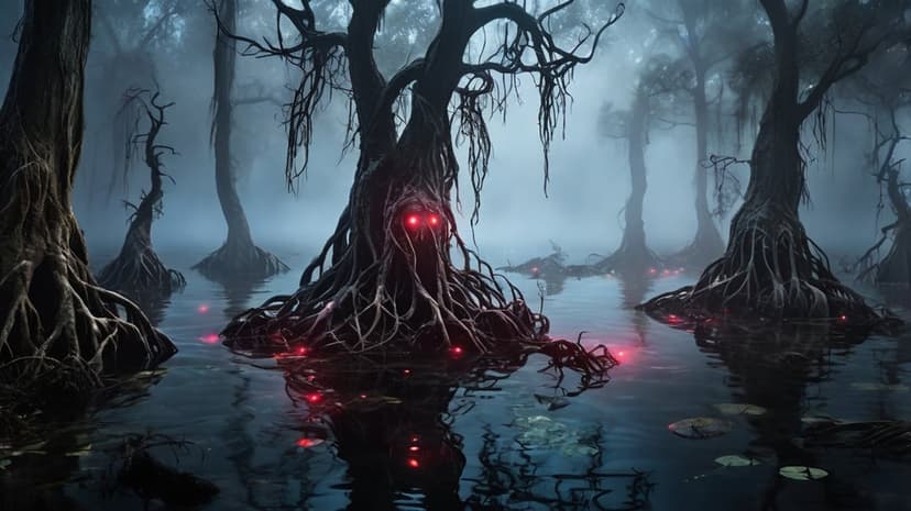 Luminous red eyes peer from gnarled tree roots and still black water within a misty, dark swamp forest.