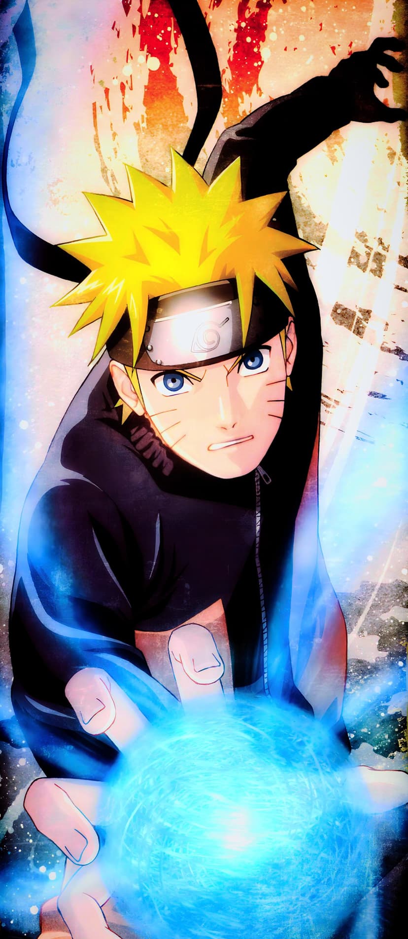 Naruto Uzumaki focuses a swirling blue chakra sphere with a determined gaze against a textured background.
