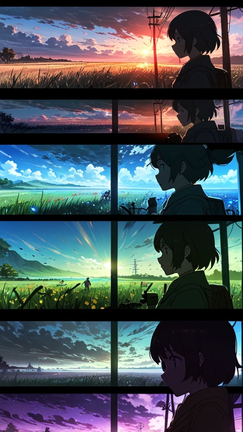 Young girl with flowing hair gazes at a vibrant orange sunset over a vast meadow under a cloudy sky.