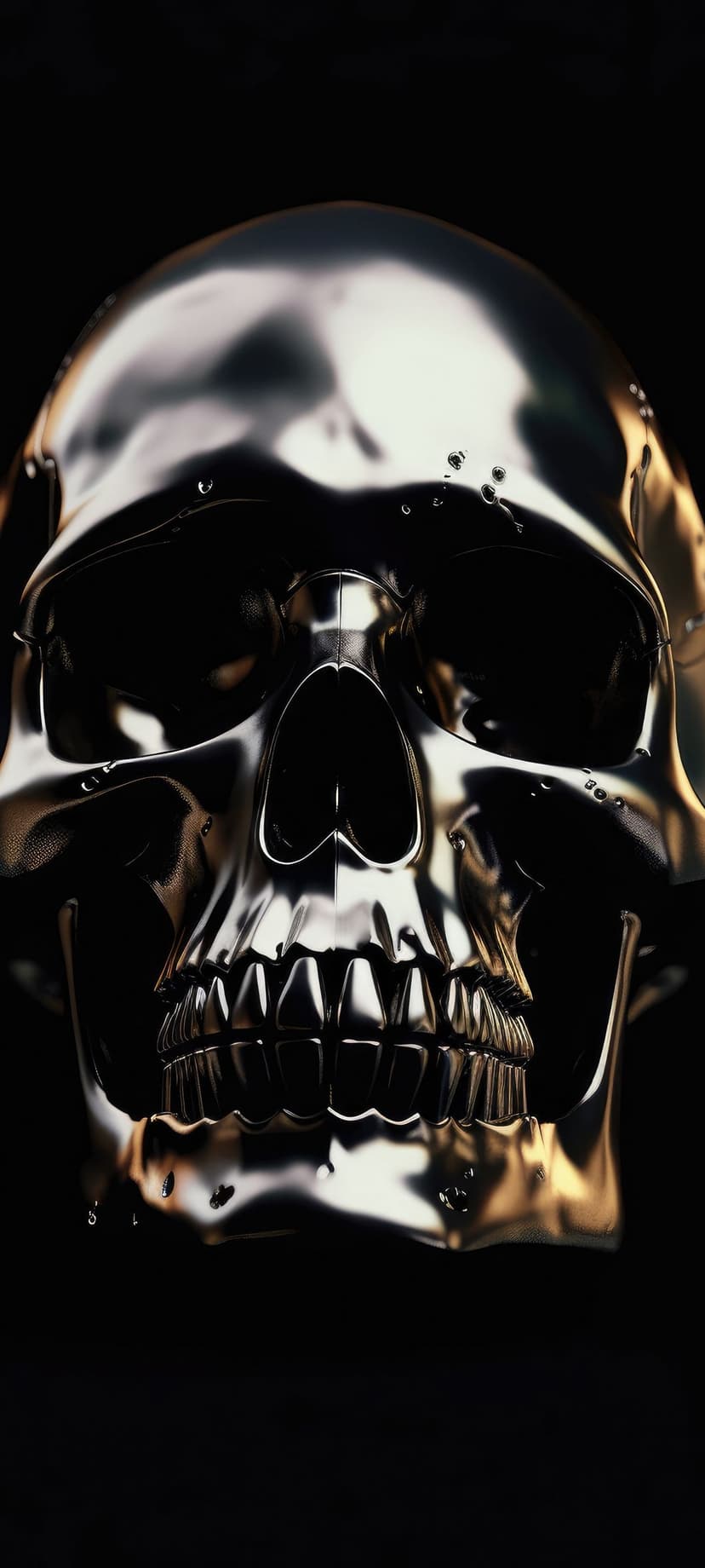 Chrome skull with glistening water droplets on its forehead and jaw set against a dark, reflective background.