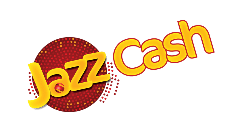 JazzCash financial logo featuring red and yellow typography with a geometric sunburst emblem on a clear backdrop.