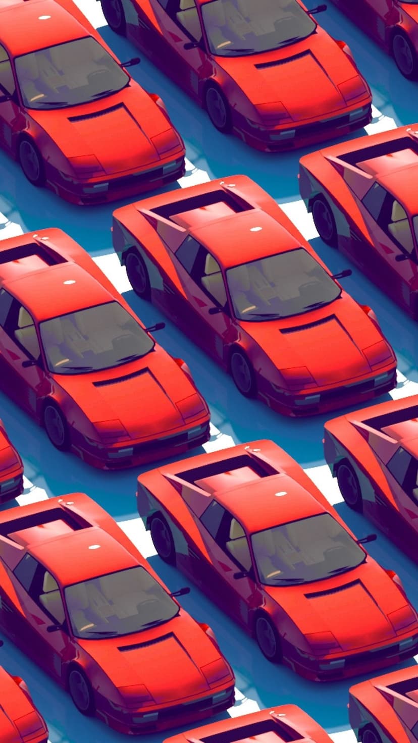 Rows of red Ferrari Testarossa cars parked in parallel lanes against a dark blue atmospheric background.