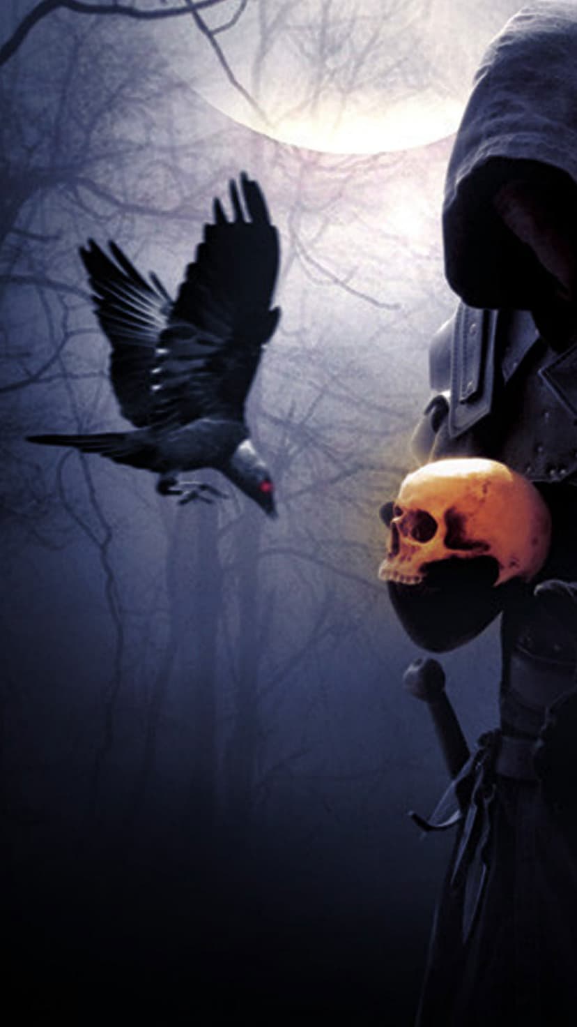 Hooded figure in dark armor holding a skull while a crow with red eyes flies in a foggy moonlit forest.