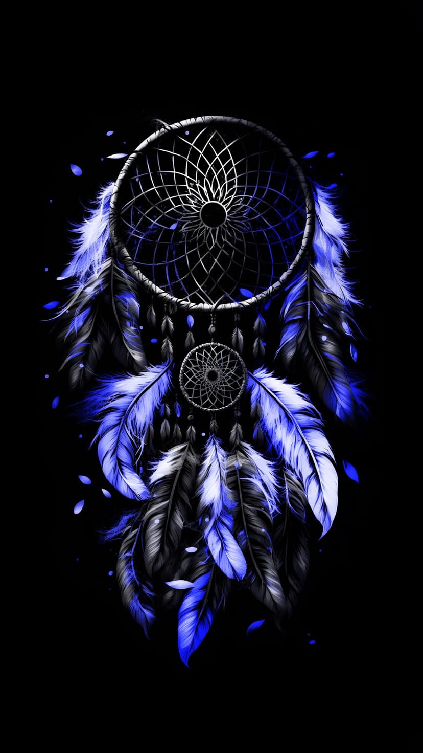 Blue and silver dreamcatcher with soft feathers hanging against a solid black background with glowing bead accents.