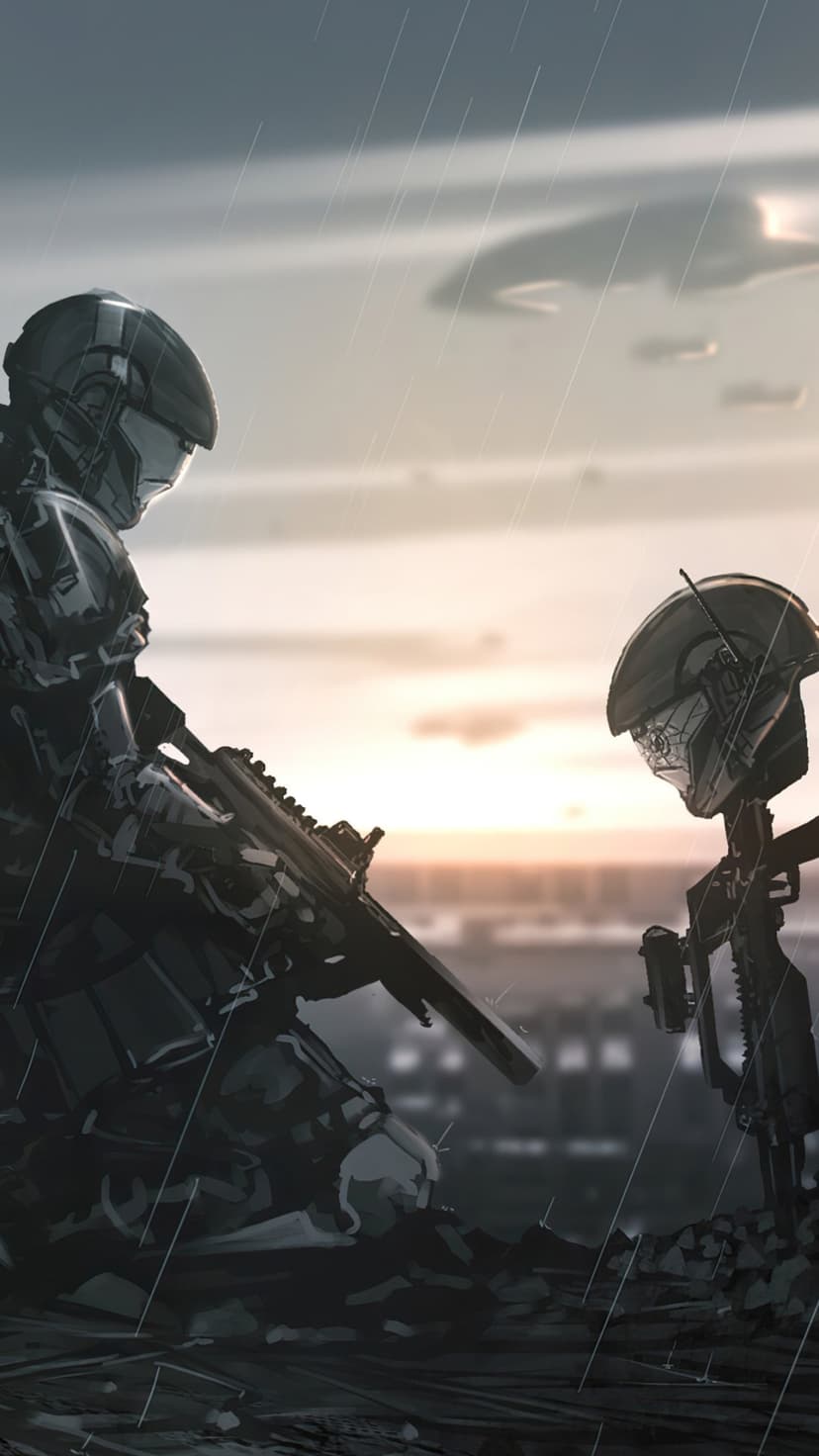 Futuristic soldier in armor kneeling before a rifle and cracked helmet memorial in rain at sunset.