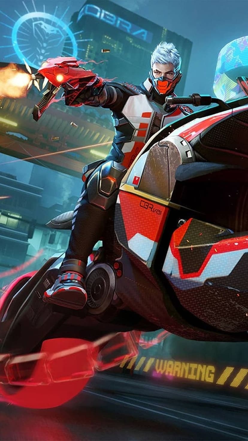 Masked rider with white hair fires a glowing gun from a red and black motorcycle in a neon-lit cyberpunk city.