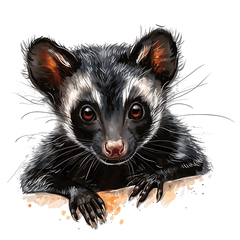 Civet cat watercolor illustration peeking over a textured horizontal ledge against a solid dark background.