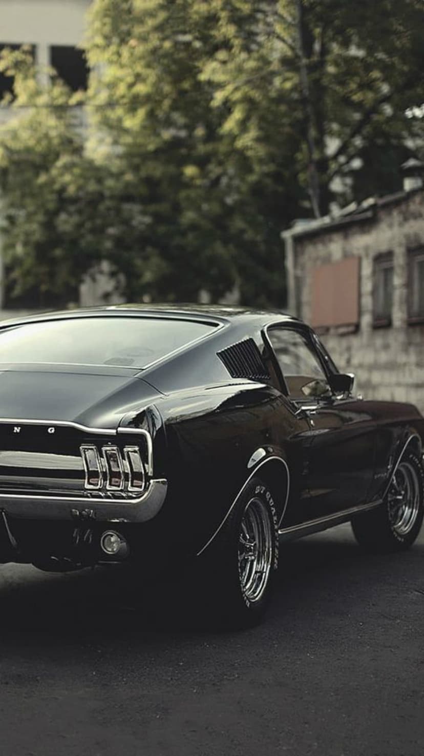 Black vintage Mustang rear end featuring tri-bar taillights and chrome trim against a textured brick wall.