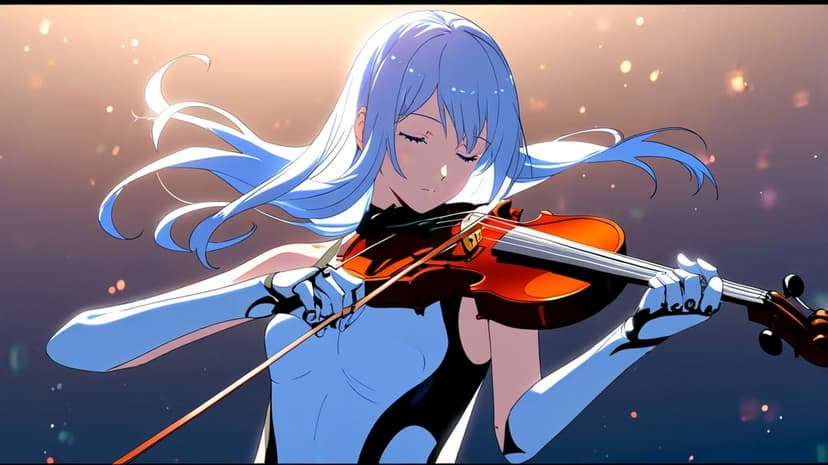 Anime girl with long blue hair plays a violin with her eyes closed amidst warm golden bokeh lighting.