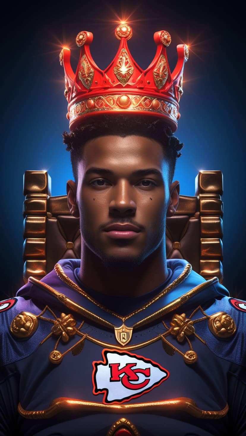 Patrick Mahomes wearing a crown and red jersey while seated on a golden throne with ornate metal carvings.