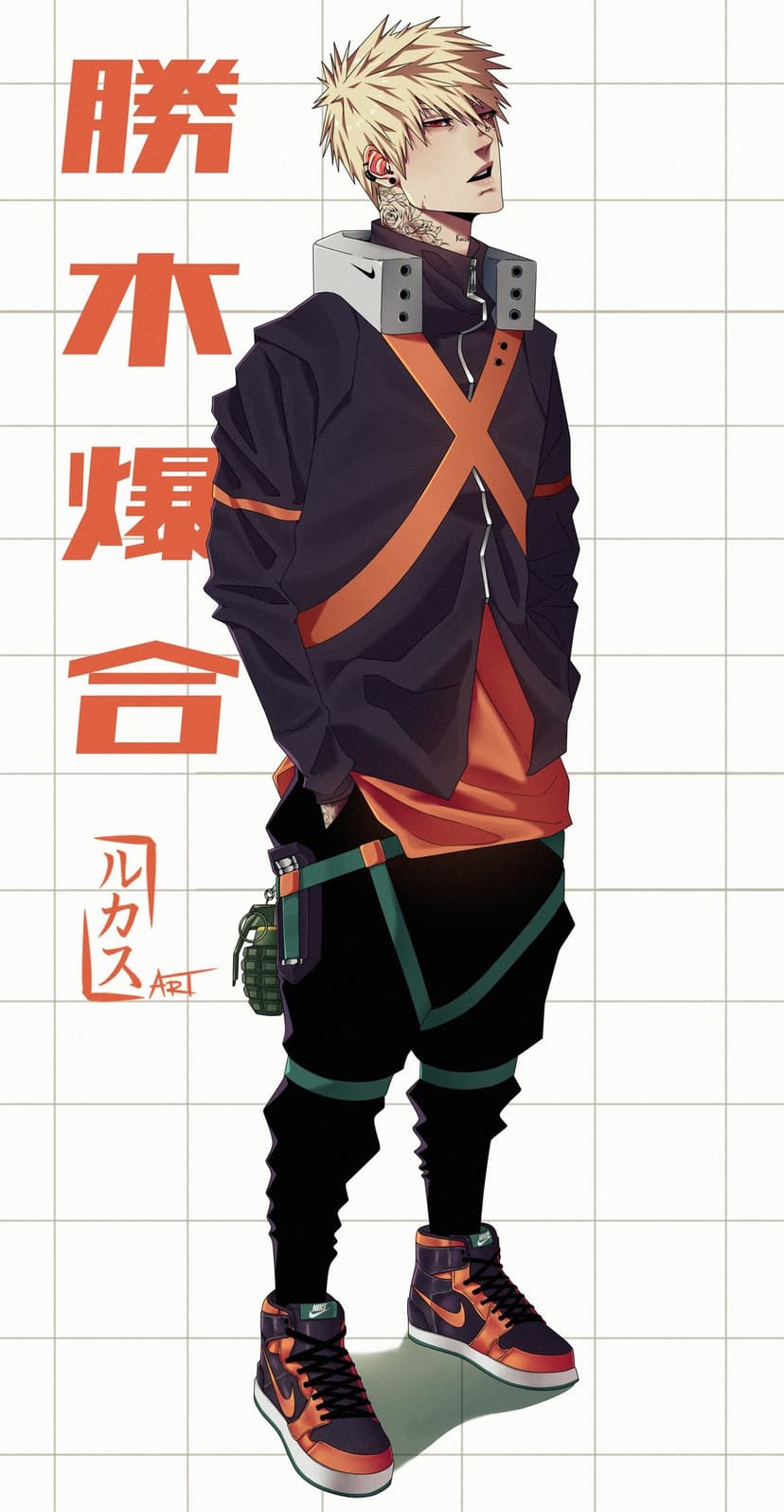 Blonde anime boy in an orange and black streetwear jacket and Nike sneakers stands before a white grid.