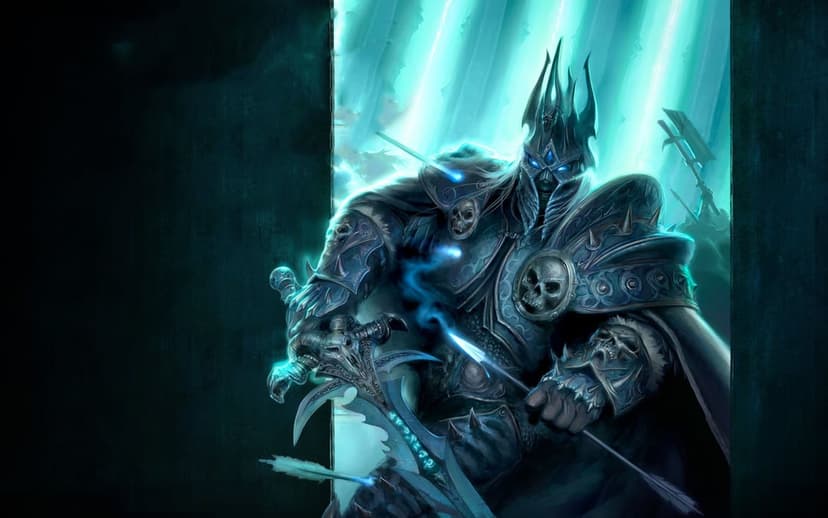 Lich King Arthas in spiked skull armor holding Frostmourne amidst glowing teal light and ethereal arrows.