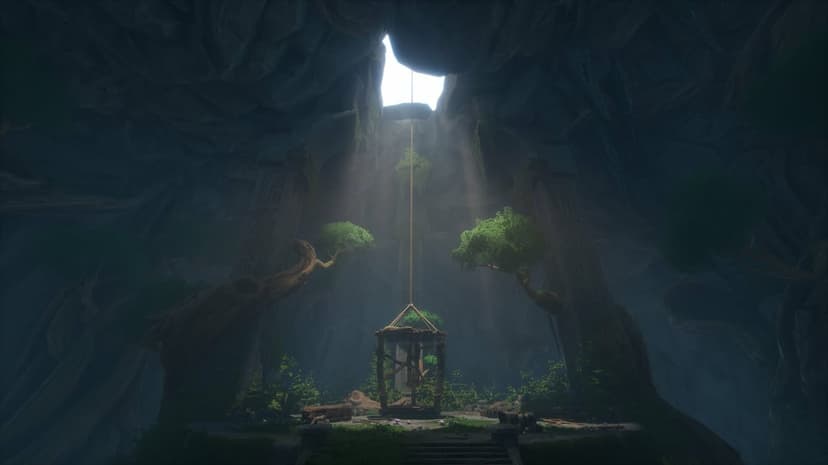 Sunlight beams onto a wooden structure in a dark overgrown cave with ancient stone pillars and green trees.
