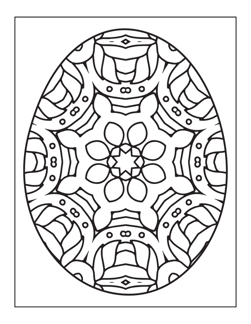 Geometric egg outline featuring symmetrical floral mandalas and intricate circular patterns in black line art.