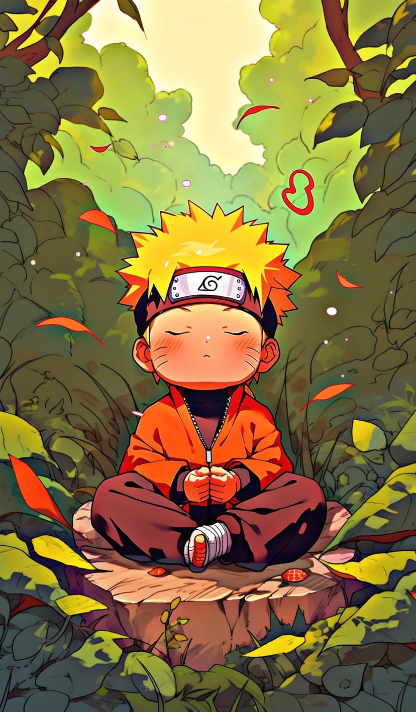 Naruto Uzumaki meditates on a stone in a green forest with red leaves falling around his orange jumpsuit.