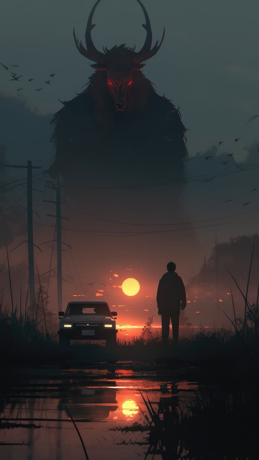 A giant horned creature with red eyes looms over a man by a car on a road during a reflective sunset.