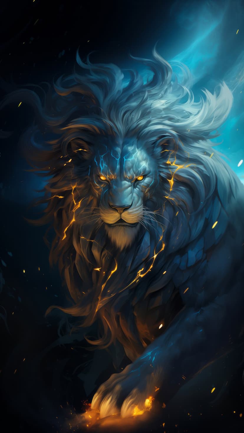 Mythical lion with glowing blue mane, fiery orange eyes, and golden lightning patterns against a dark background.