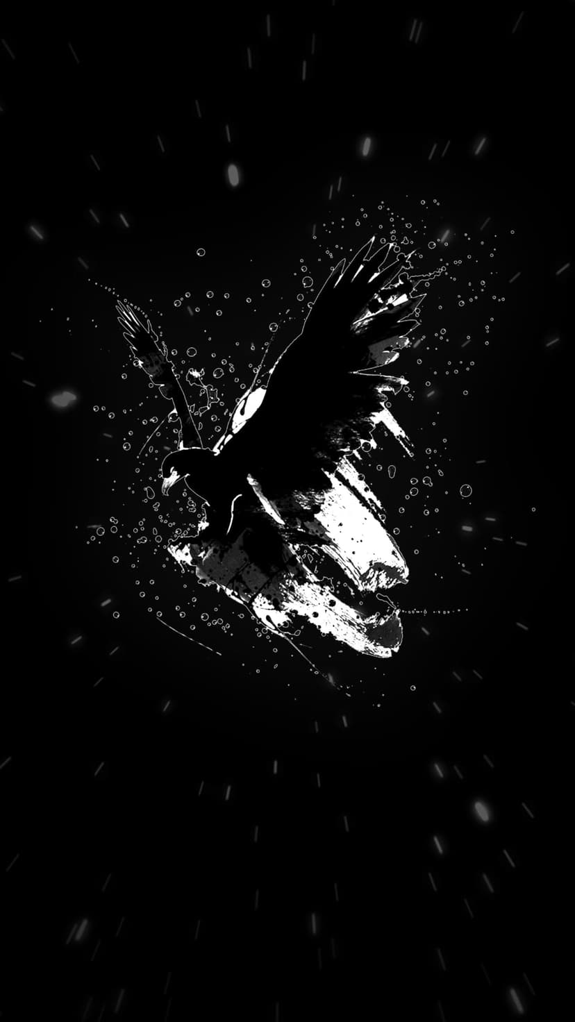 Eagle in mid-flight emerges from monochrome ink splashes and water droplets against a solid black background.