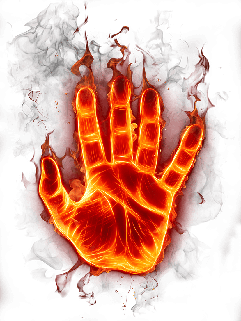 Flaming hand fire explosion showing intense orange flames, yellow sparks, and realistic heat haze on a limb.
