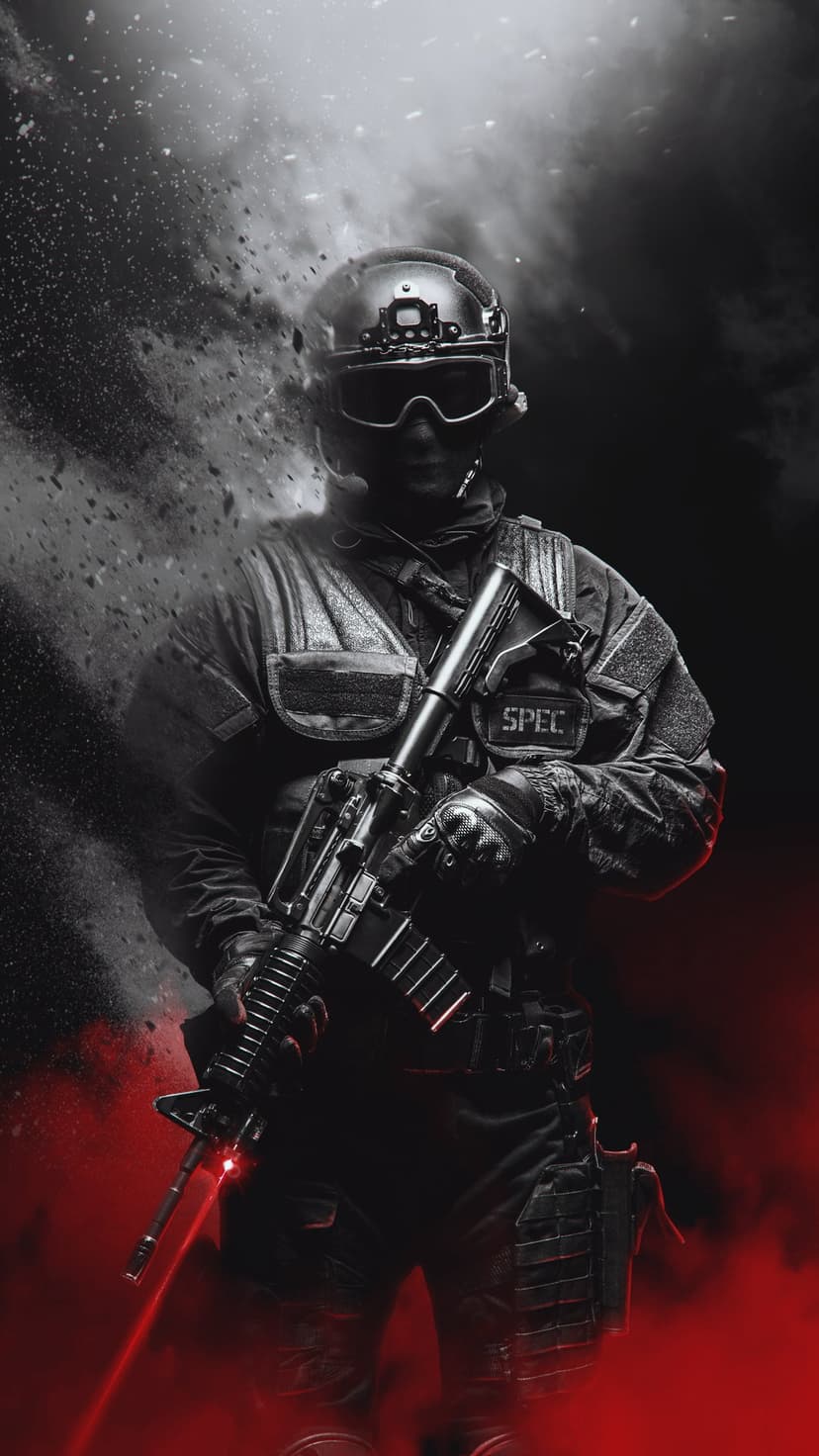 Modern soldier in a helmet aims a rifle with a red laser through thick smoke and crimson glowing light.