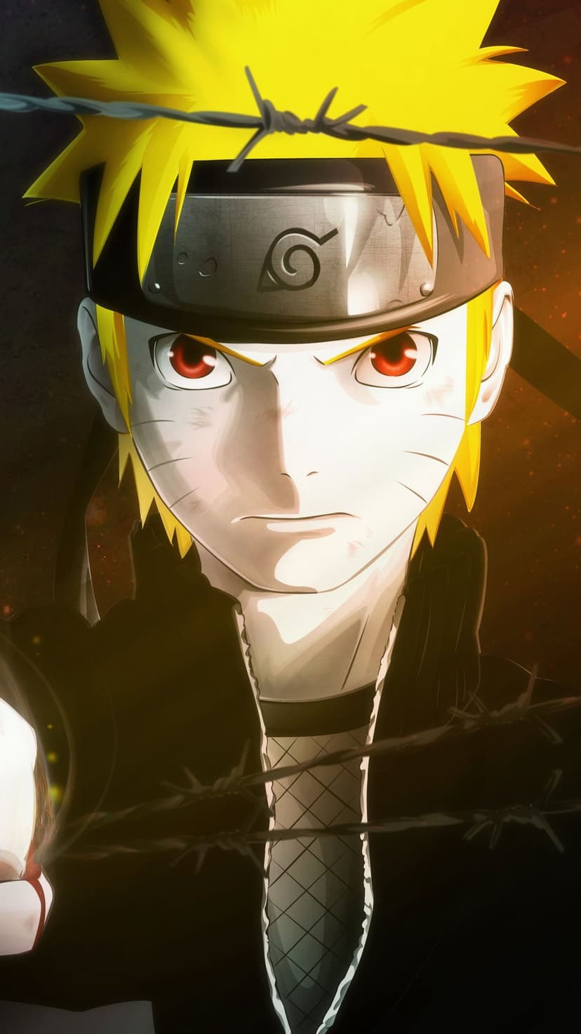 Naruto Uzumaki with red eyes and spiky blonde hair has barbed wire across his face and a hidden leaf headband.