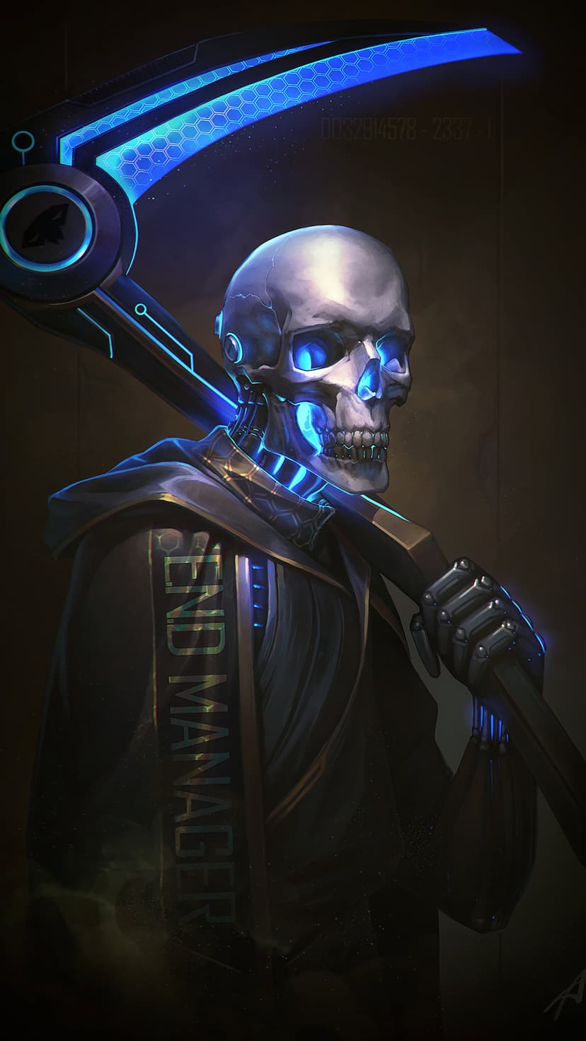 Robotic skeleton in a dark hood carries a luminous blue scythe with vertical text on a tactical chest strap.