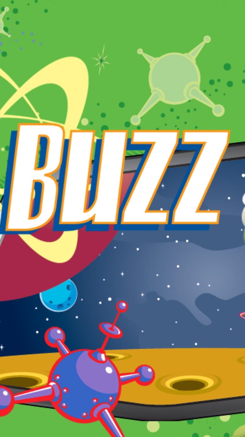 Stylized extraterrestrials and a classic rocket ship orbit the word BUZZ against a starlit cosmic background.