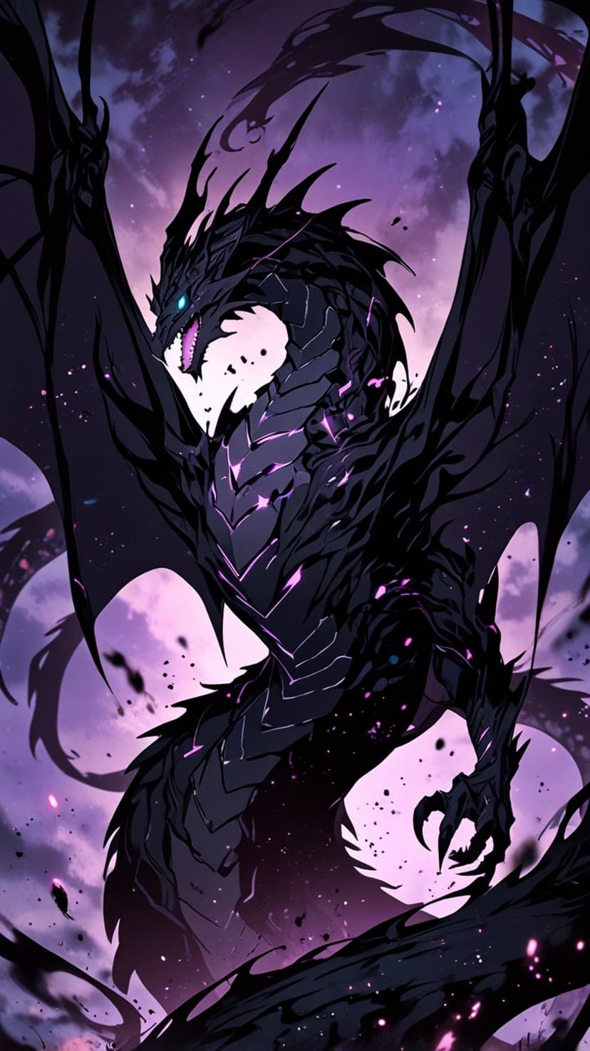 Black dragon with glowing blue eyes spreads wide wings amidst swirling purple and pink clouds in a misty sky.