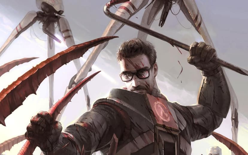 Gordon Freeman in a bloody HEV suit holds a crowbar against a backdrop of giant Strider tripods and sharp claws.