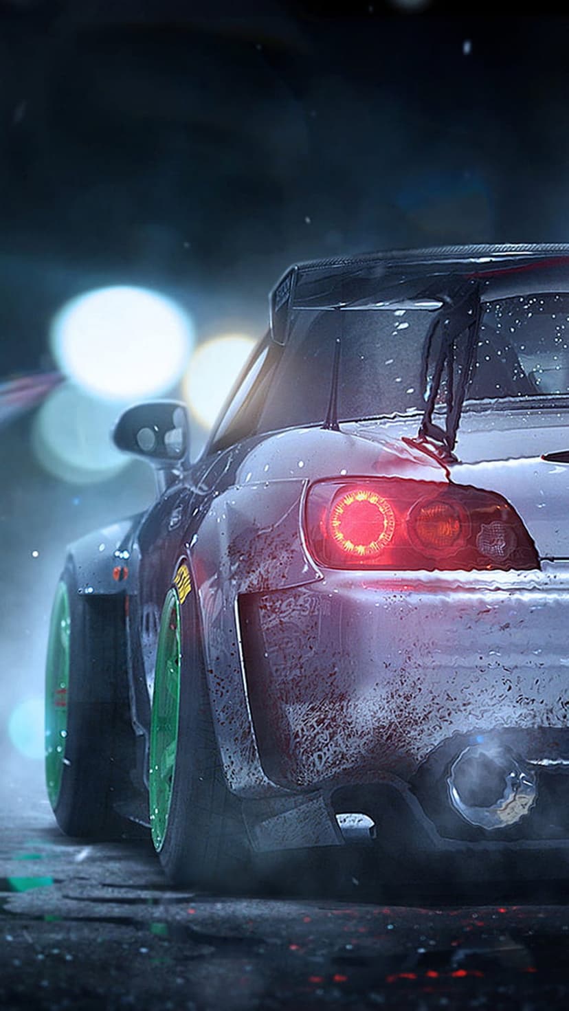 Red sports car tail lights glowing in the rain with water droplets and blurred city lights in the background.