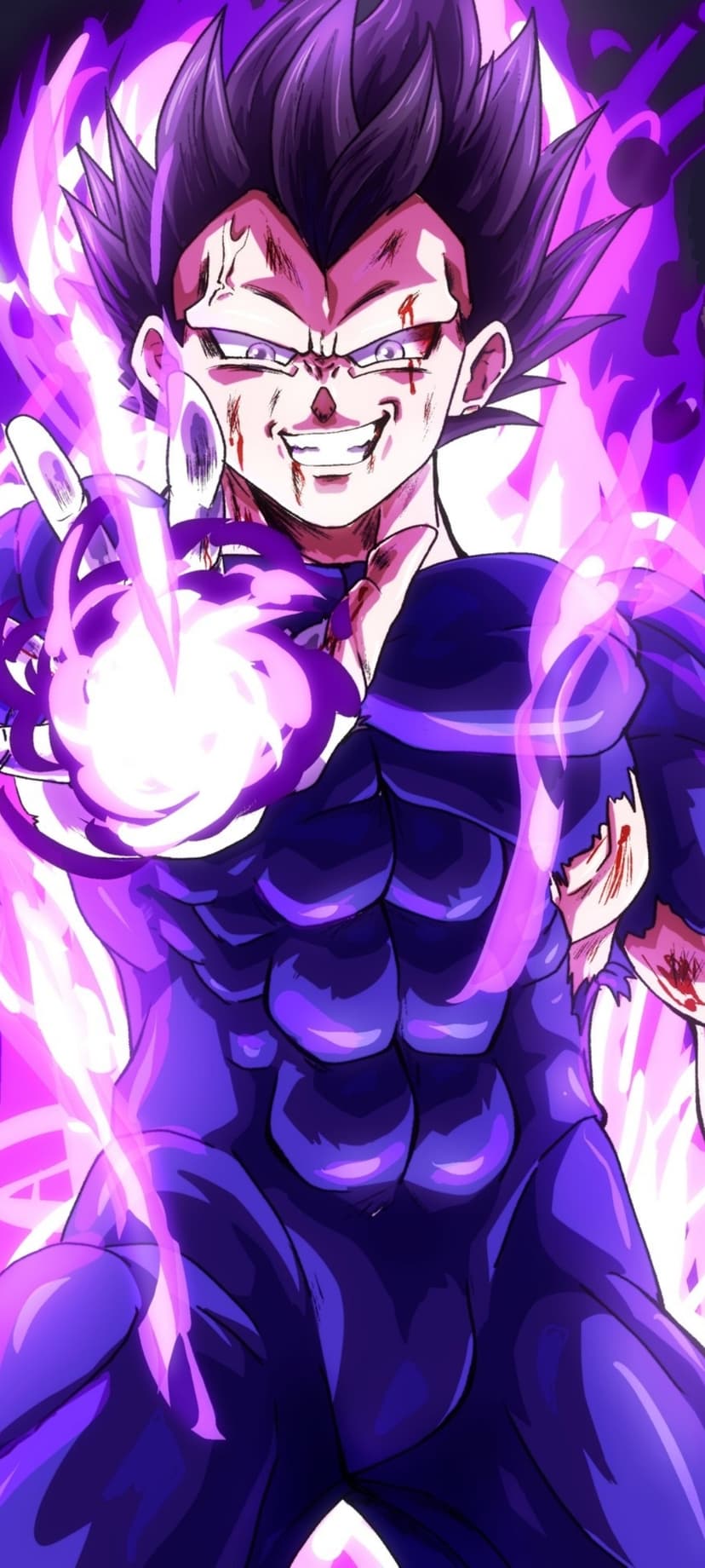 Vegeta with spiky purple hair and battle scars prepares a violet energy blast while wearing dark Saiyan armor.