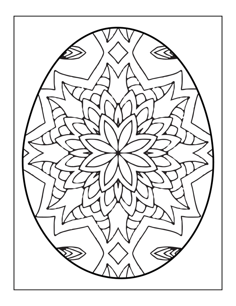 Intricate mandala floral pattern featuring symmetrical black line art petals and geometric leaf shapes.