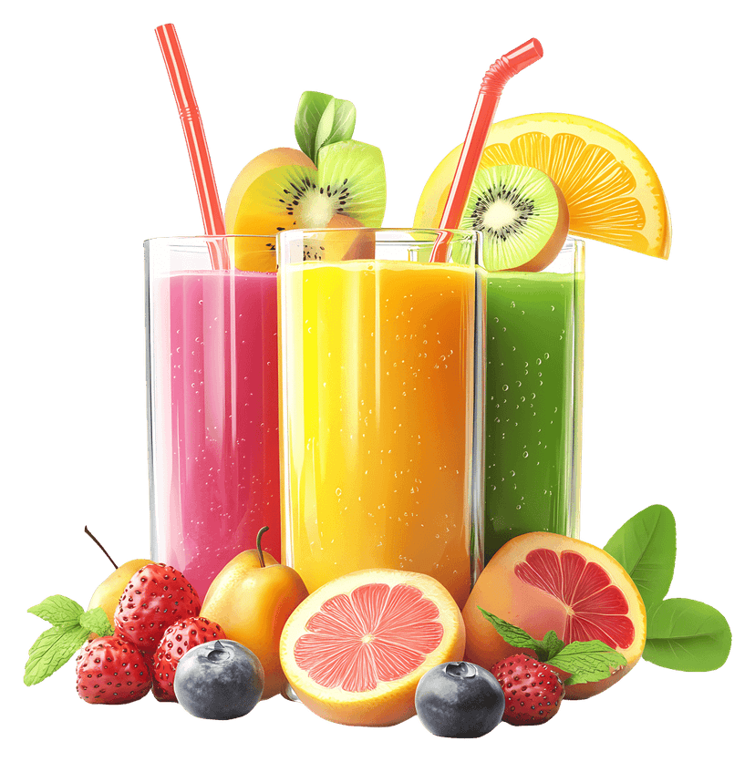 Citrus fruit juice illustration featuring orange liquid, lemon slices, and ice cubes on a clear background.