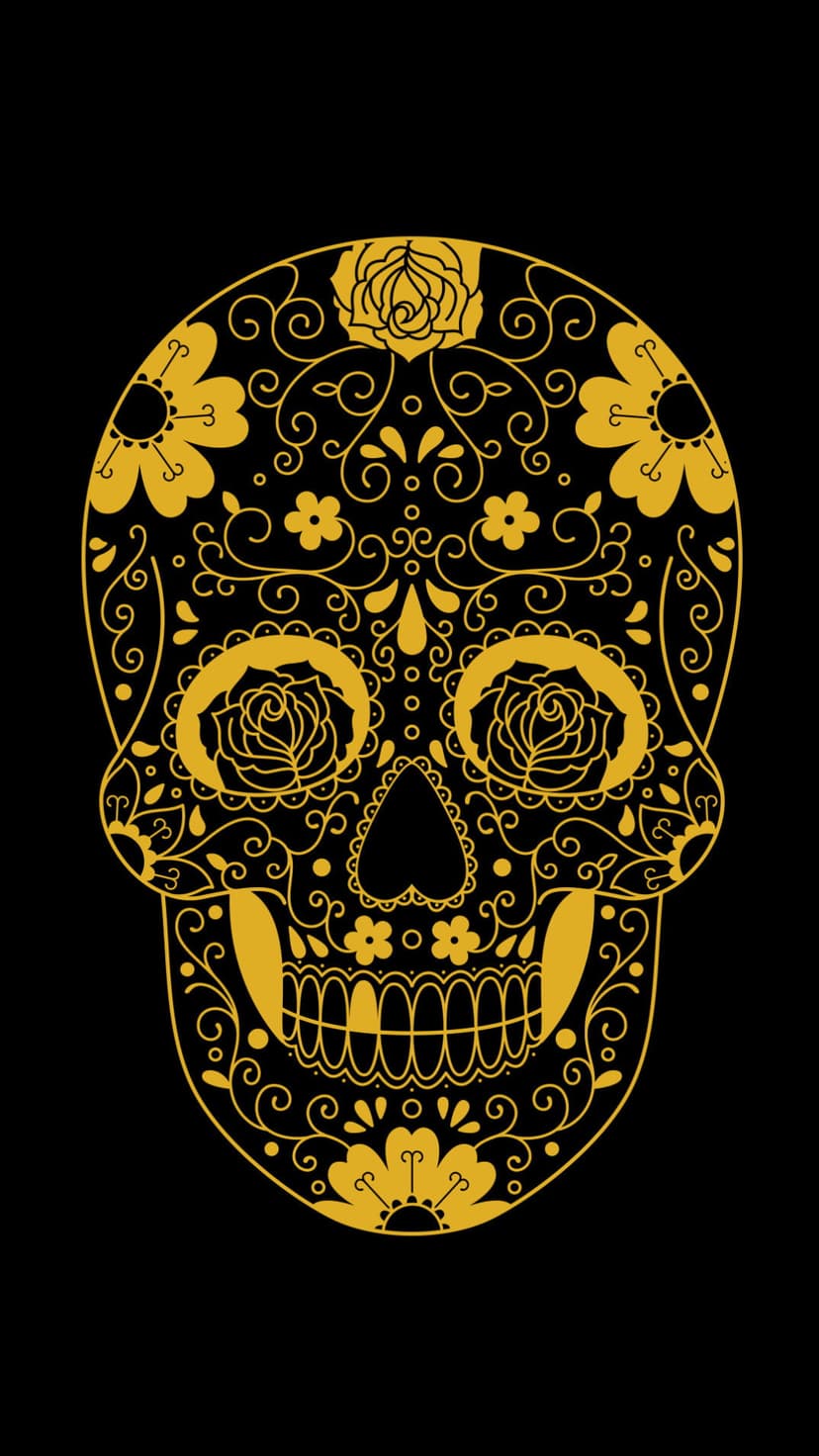 Gold sugar skull with detailed rose patterns and scrollwork centered on a solid black background for mobile devices.