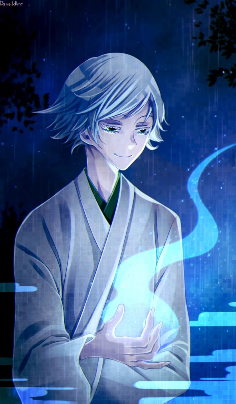 Blue-haired young man in a white kimono holds glowing blue energy while standing in a dark forest during rainfall.