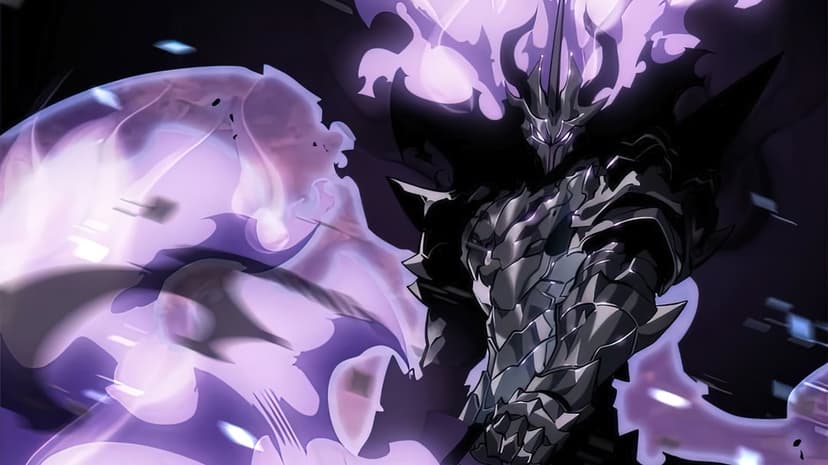 Solo Leveling Shadow Monarch stands amidst purple ethereal flames wearing dark plate armor and a tattered cloak.