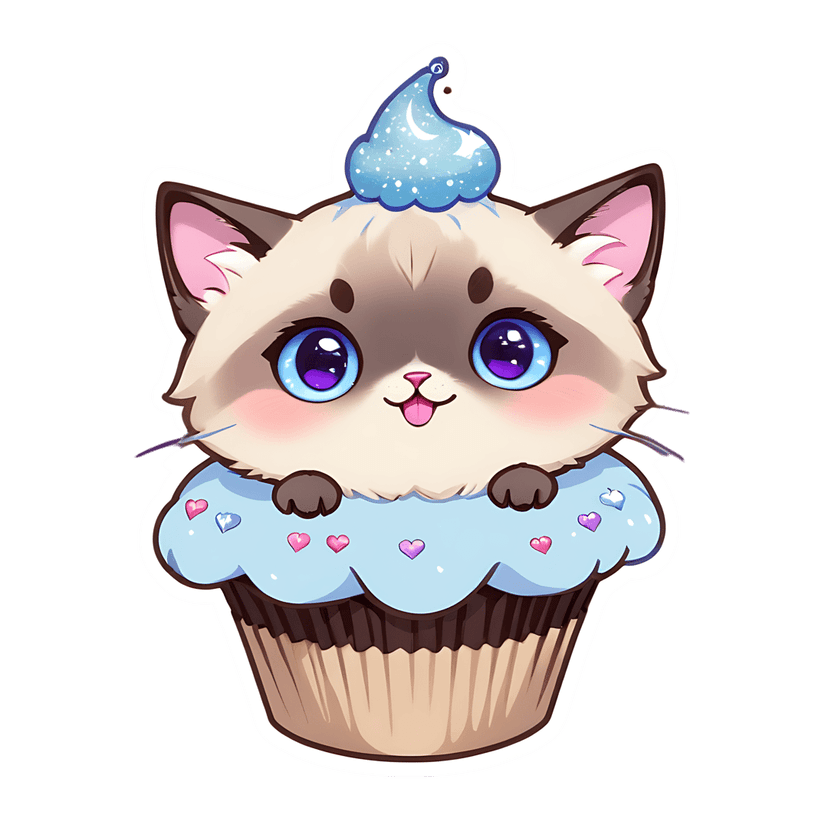 Blue kitten cupcake sticker with pink heart sprinkles and fluffy texture shown from a front-facing perspective.