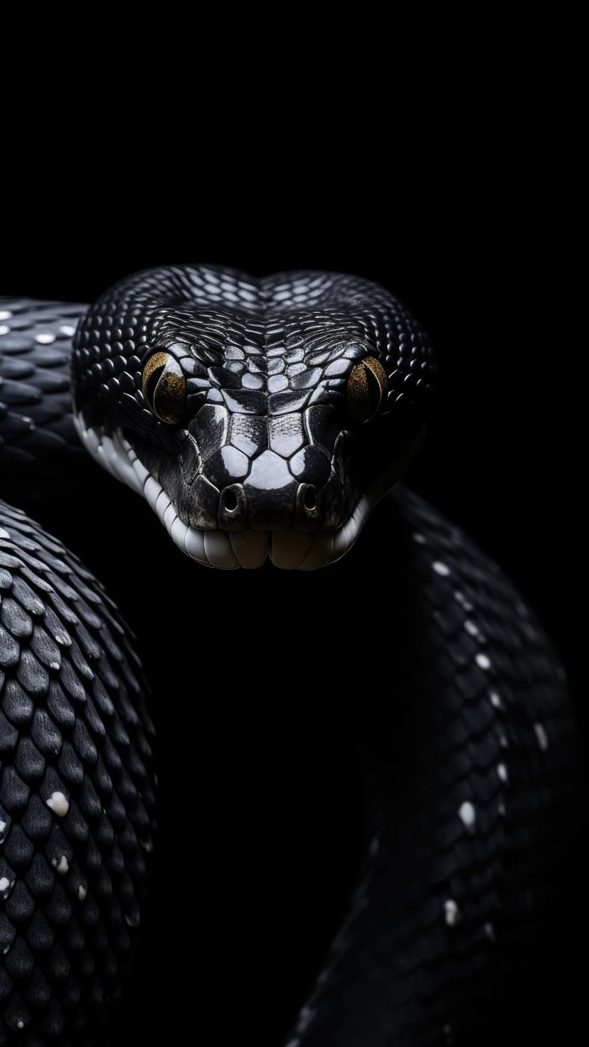 Black snake with glossy scales and yellow eyes stares forward against a dark background with visible white fangs.