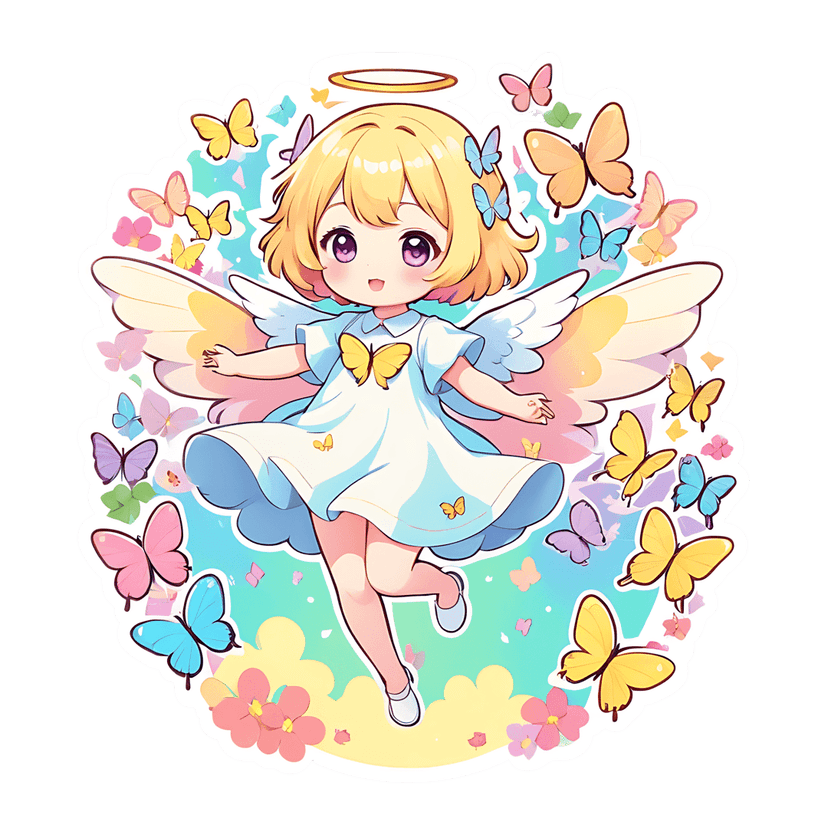 Chibi blonde angel character wearing white dress flies among colorful butterflies and pink flowers outdoors.
