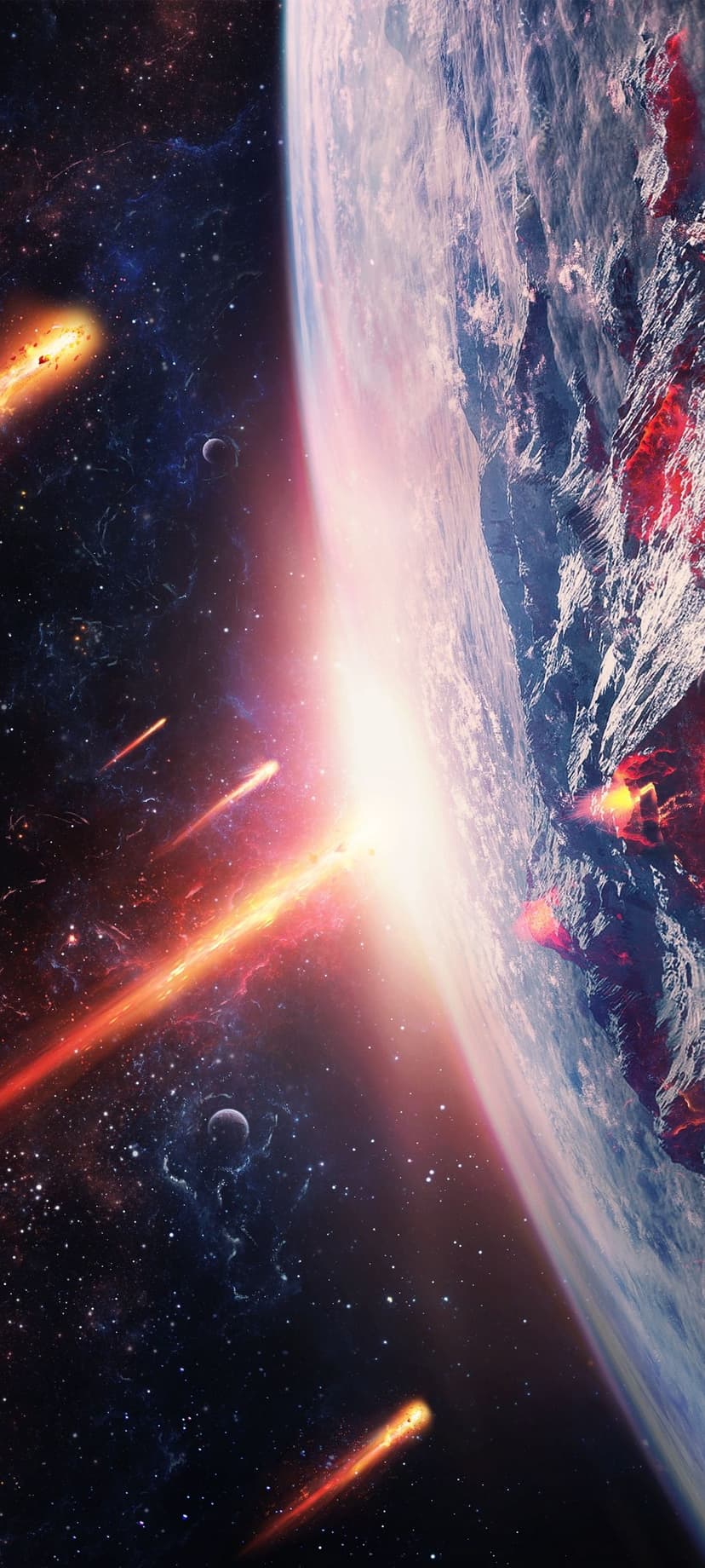 Burning planet surface erupts with lava as bright meteor streaks fall from a dark sky near a small crescent moon.