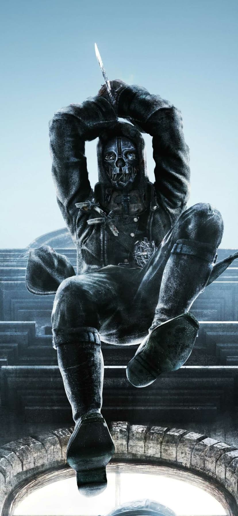 Masked assassin Corvo Attano holding a blade aloft against a hazy sky on stone architectural ruins.