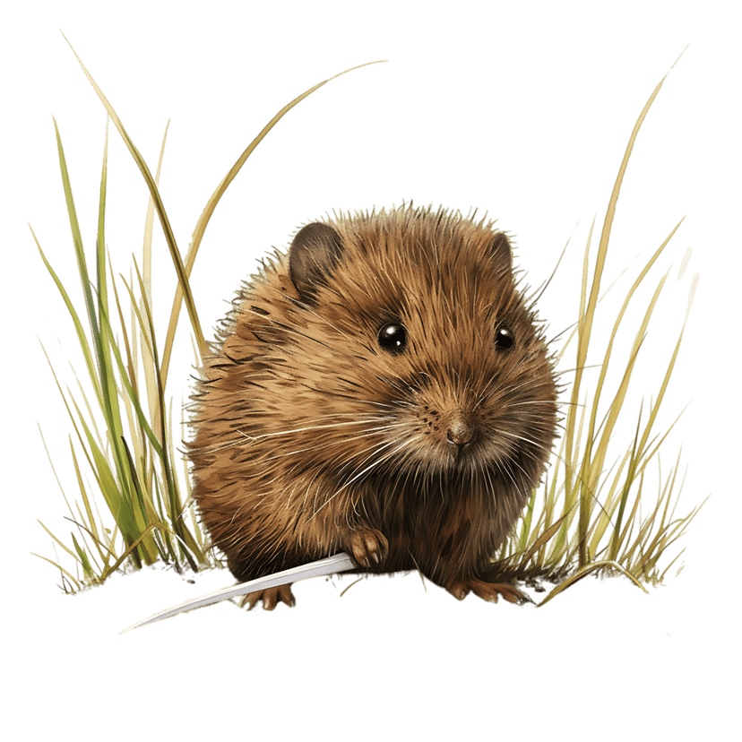Brown vole illustration featuring realistic fur texture and whiskers while clutching a single blade of grass.