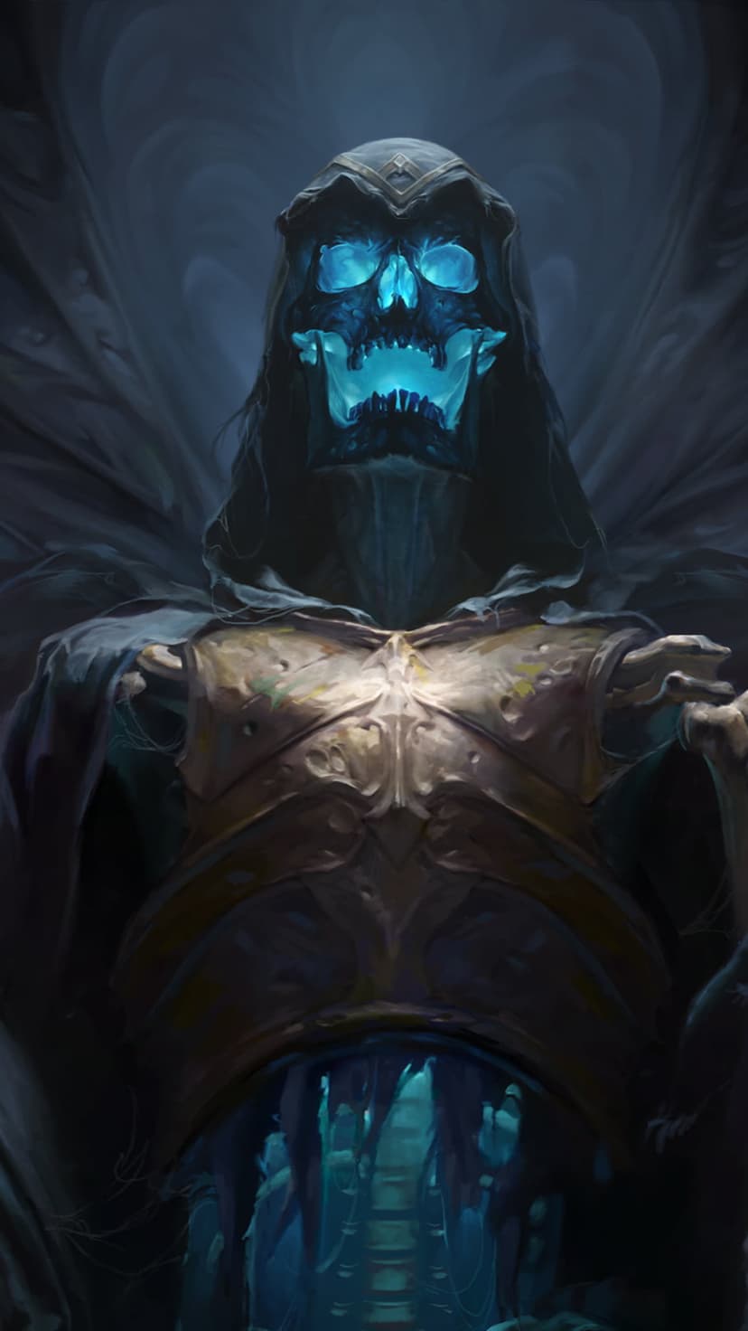 Armored skeleton knight with glowing blue eyes and a tattered black cloak in a dark misty environment.