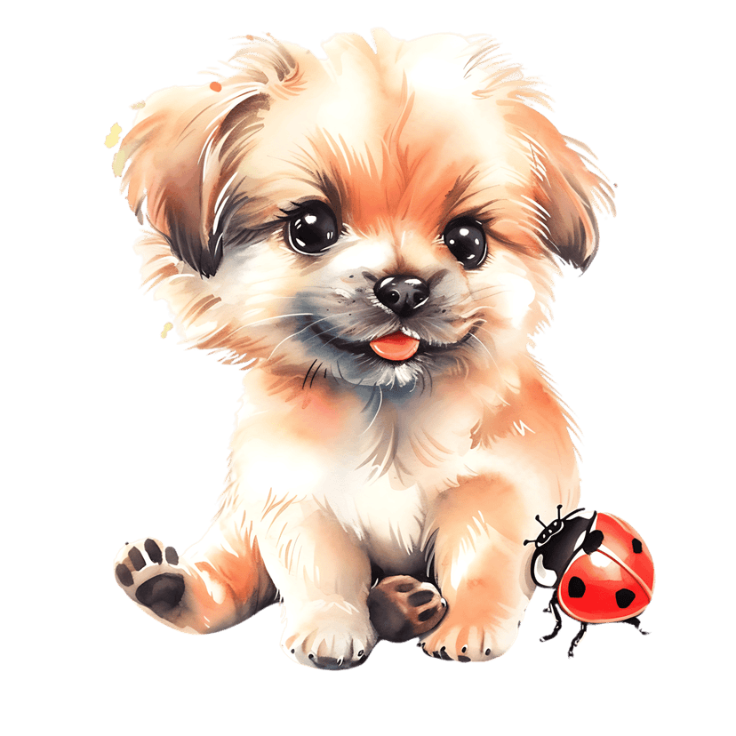 Puppy watercolor illustration sits next to a tiny red ladybug on a transparent background with soft textures.