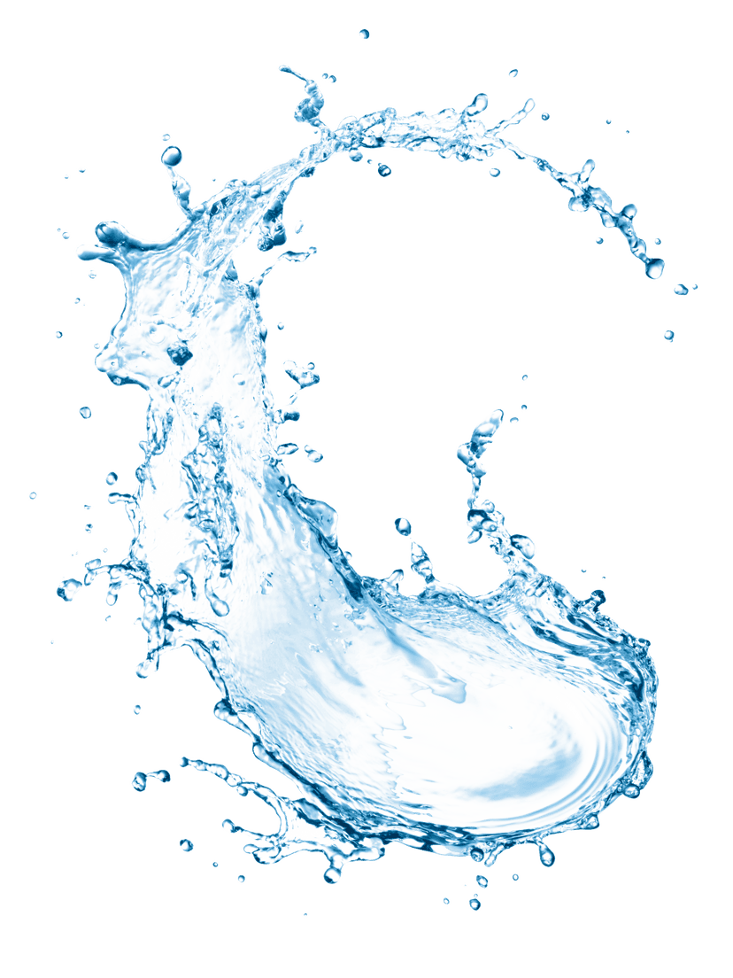 Blue water splash liquid spray features translucent droplets frozen in mid-air with realistic refraction.