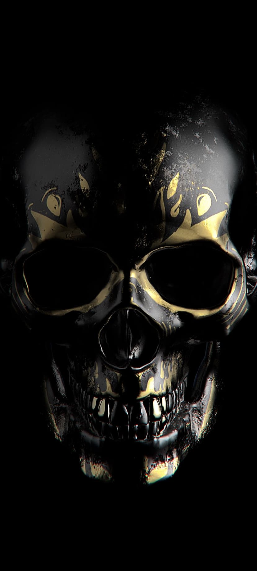 Metallic skull with golden filigree patterns on the forehead and cheeks set against a black background.