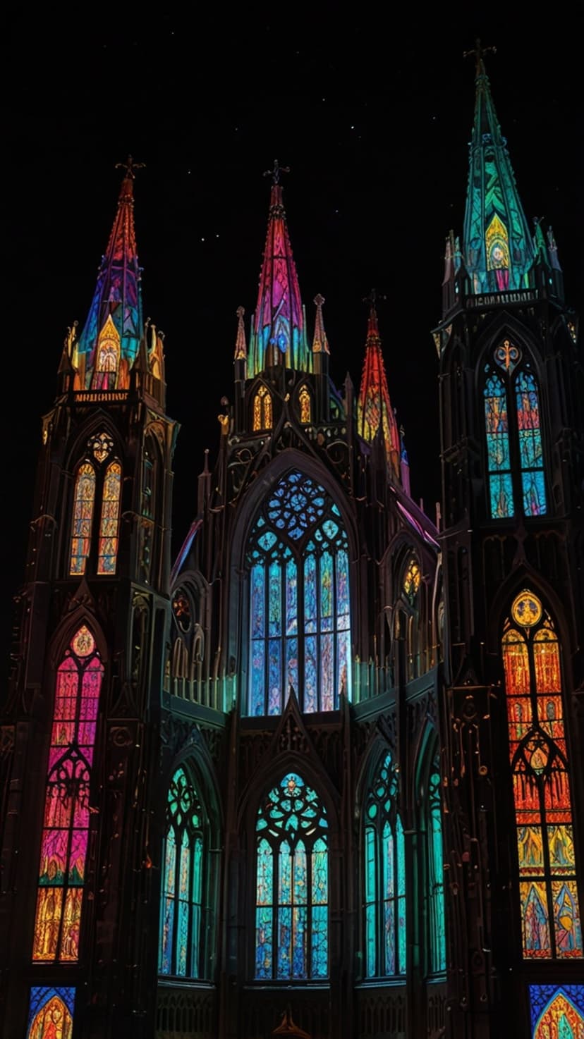 Ornate gothic cathedral at night with radiant stained glass windows casting colorful light on stone masonry.