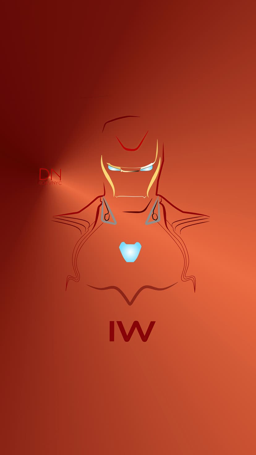 Iron Man's helmet and glowing blue arc reactor outline centered on a vibrant orange and yellow gradient background.