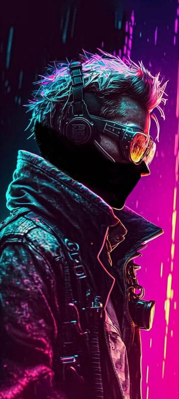 Cyberpunk figure with neon lights and headphones