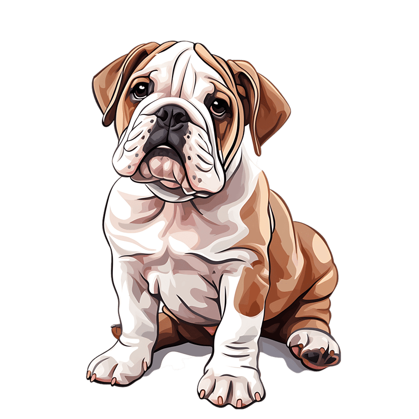 Bulldog puppy cartoon character with bicolor coat sitting against dark backdrop showcasing facial folds and paws.